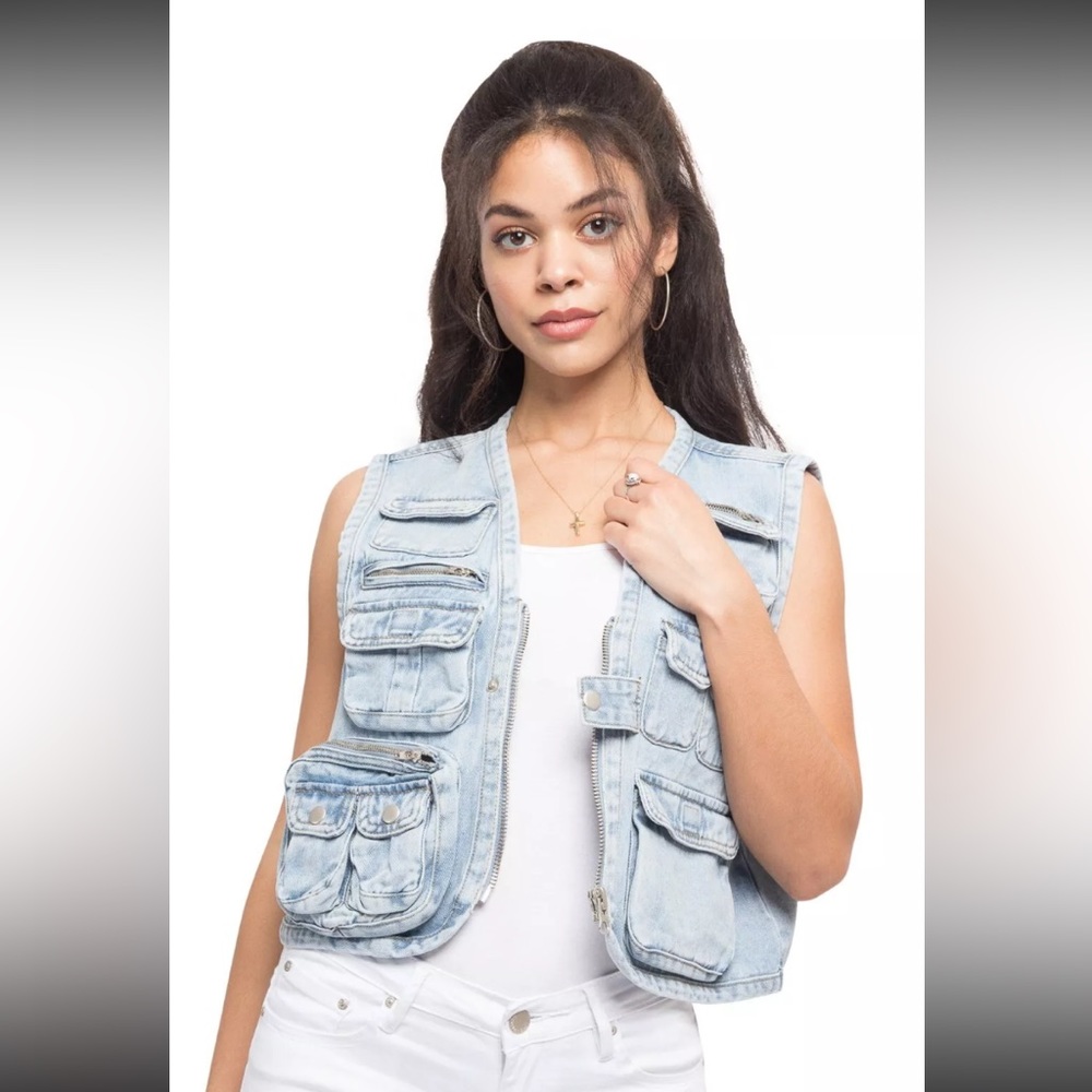 NEW - Cute Denim Utility Zipper Cargo Vest